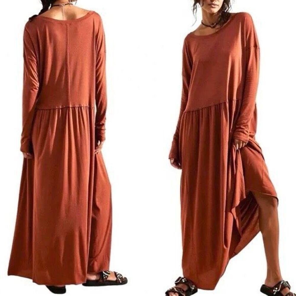 Free People Anytime Longe Sleeve Cotton Rustic Boho Midi Dress Women's Small